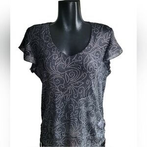 Champagne Black Sheer Silver Dot Patterned Short Sleeve Top L